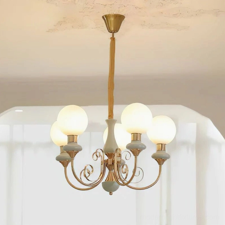 5-head modern glass chandelier mid-sized fixture with frosted shades and gold arms