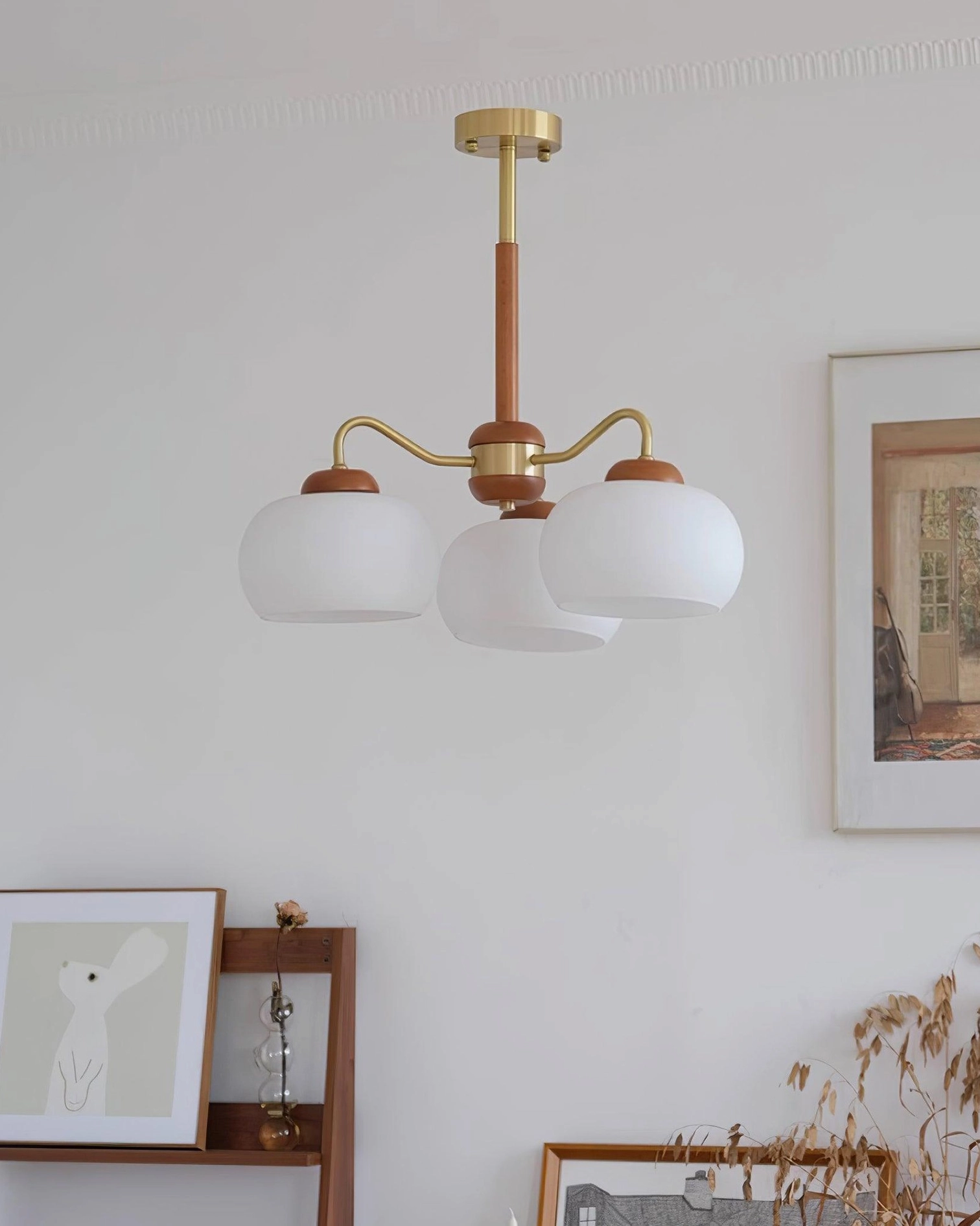 5-head Nordic brass wood pendant chandelier with frosted glass shades architectural lighting design