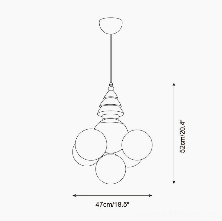 Technical specification drawing of 5-head modern pendant lamp with detailed measurements