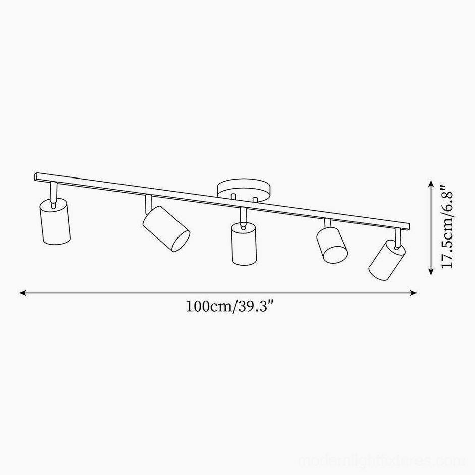 5-head ceiling track lighting system schematic, top-down view showing 100cm or 39.3 inch track length