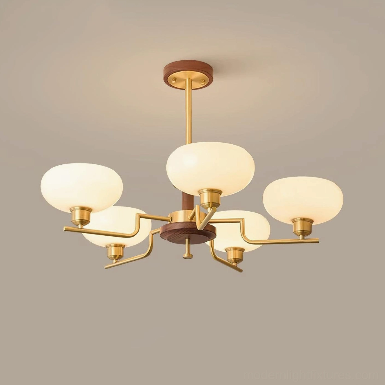5-head modern glass chandelier with walnut and brass finish mid-century contemporary interior design