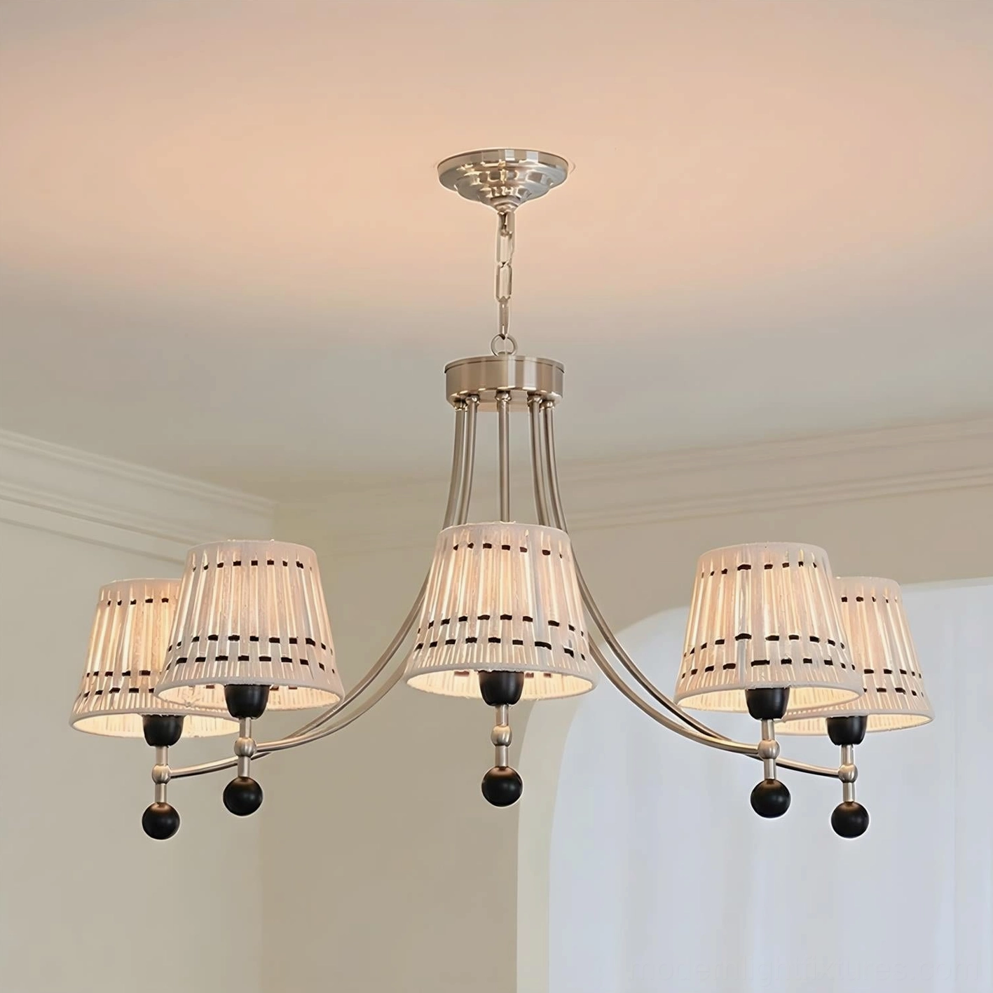 5-Head Woven Fabric Chandelier in Brushed Nickel & White - Versatile Multi-Room Lighting Design