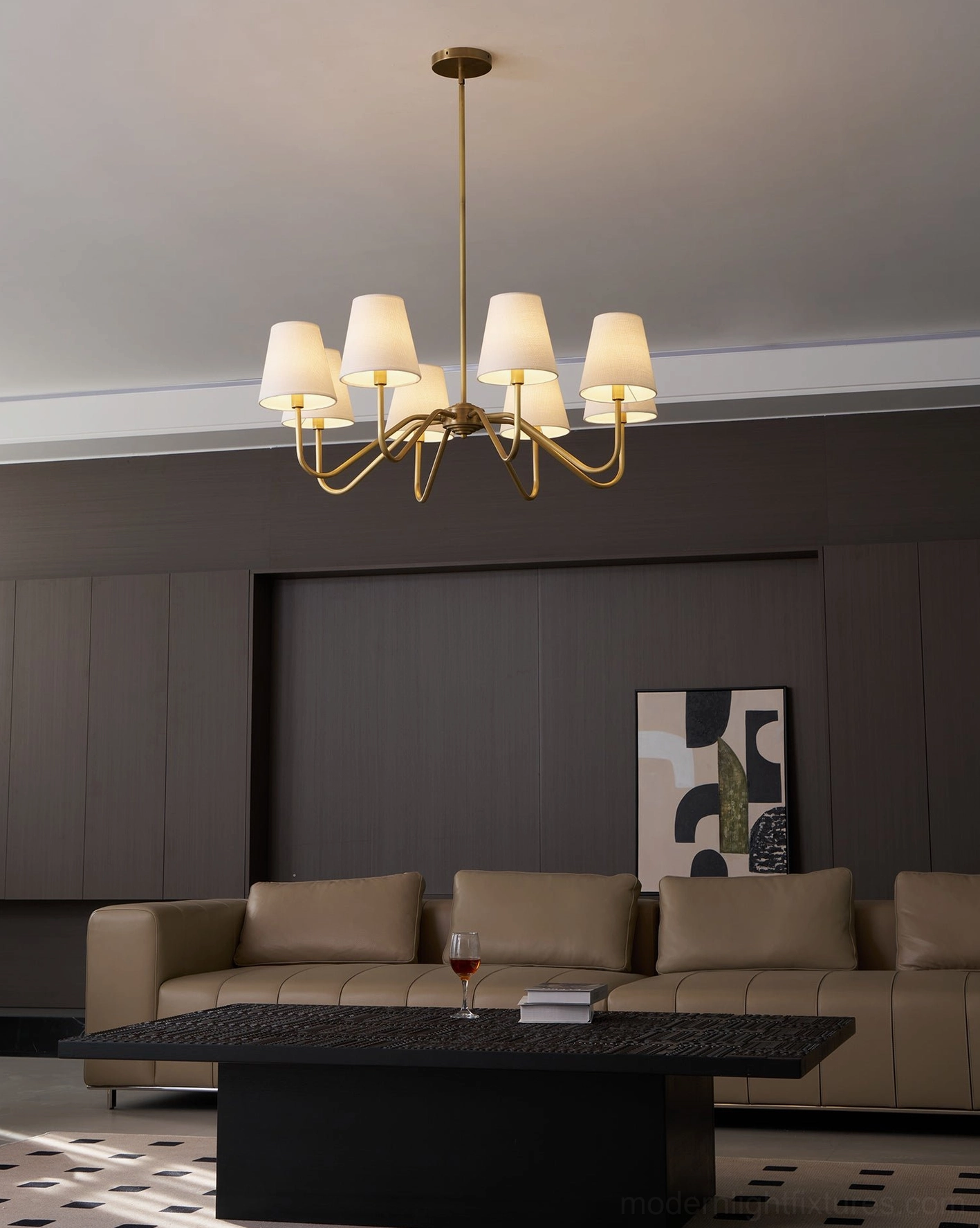 5-light brass chandelier modern luxury room, dark tone interior, brushed brass finish off-white shades
