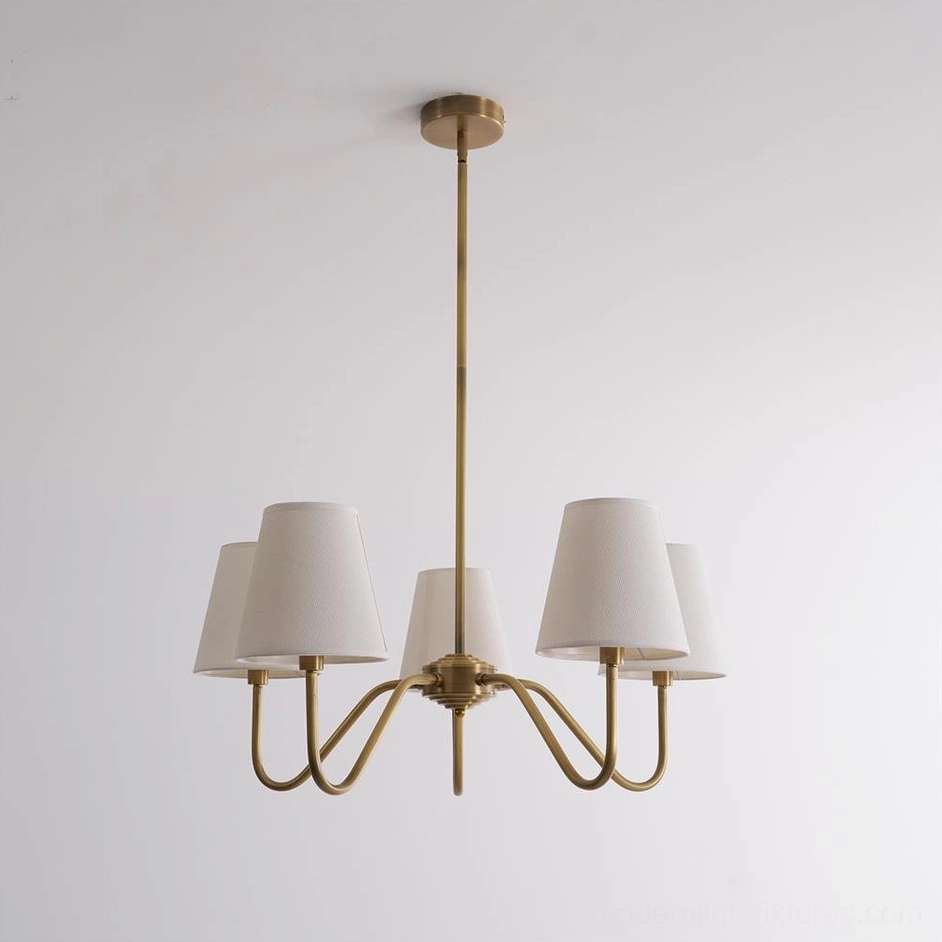 5-light brass chandelier tapered fabric shades, studio flat view, minimalist luxury mid-century modern fixture