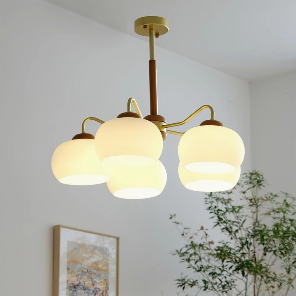 5-light Nordic brass wood glass pendant chandelier frosted shades contemporary home lighting