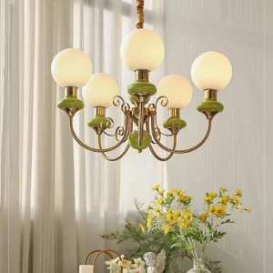 5-light modern glass chandelier with milky white shades and twisted rope suspension in dining room