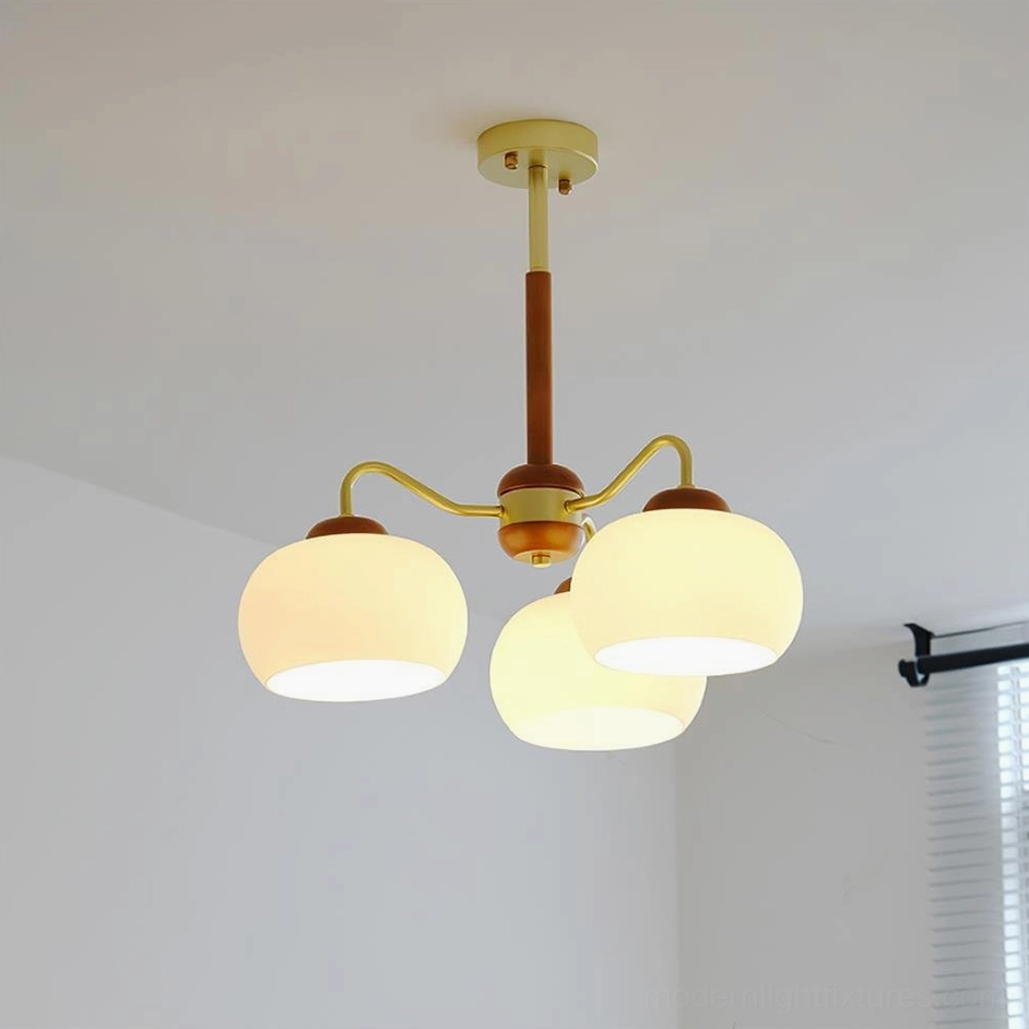 5-light wooden brass glass pendant chandelier with frosted shades in warm brass and teak finish