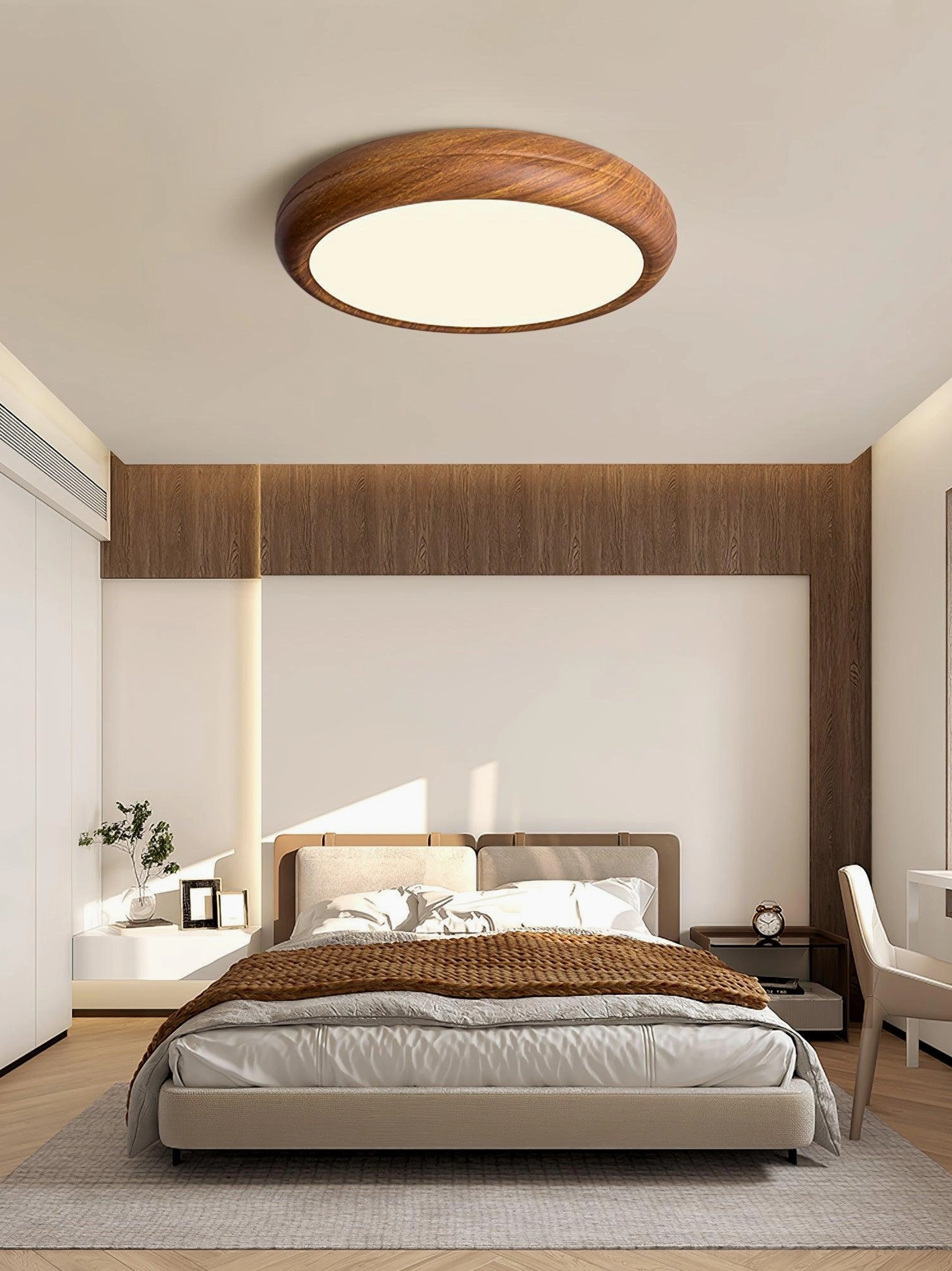 Large 50cm walnut wood grain ceiling light fixture providing 3600 lumens warm ambient lighting