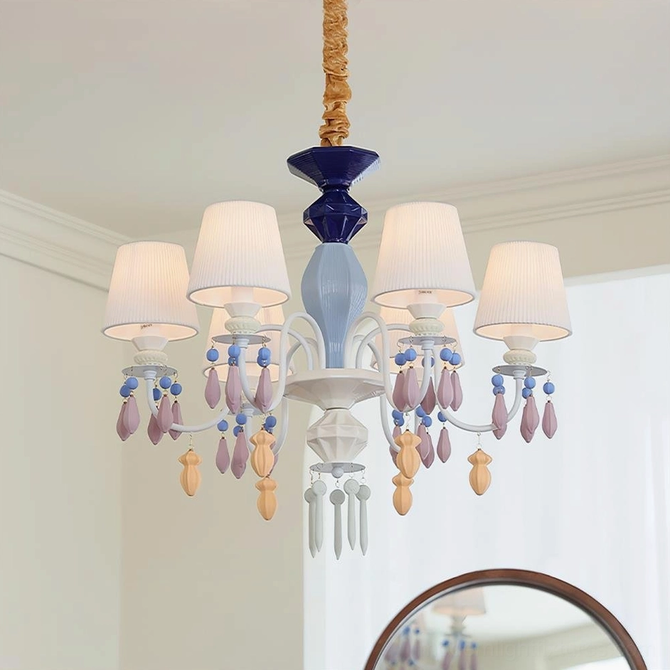 6-arm blue and white ceramic multi-arm chandelier installed in modern minimalist interior