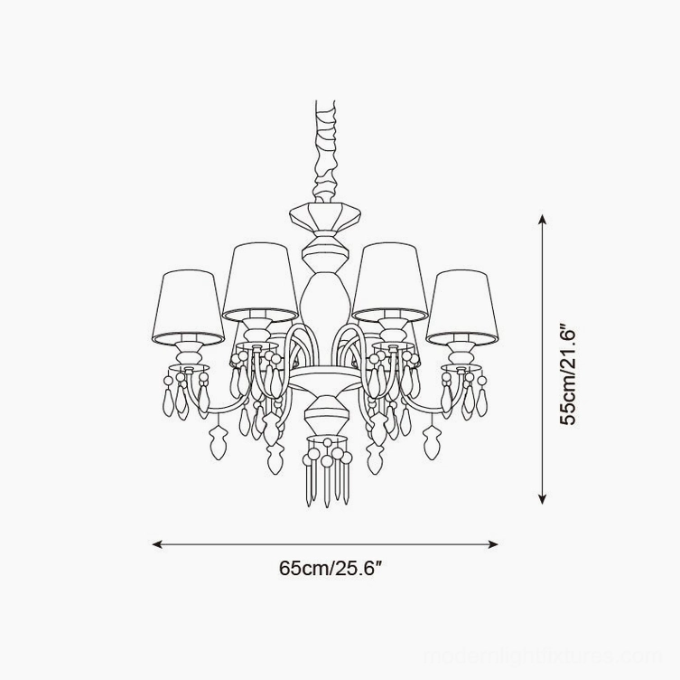 Technical schematic diagram of 6-arm ceramic chandelier showing 65cm diameter and 55cm height specifications
