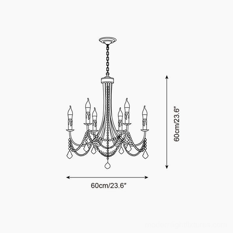 6-head standard black pearl crystal chandelier technical schematic showing 60cm diameter and height specifications