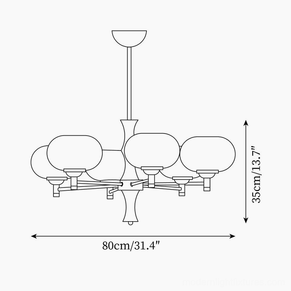 6-head vintage chandelier design specification sketch showing dimensions 80cm width x 35cm height (31.4 inches x 13.7 inches)