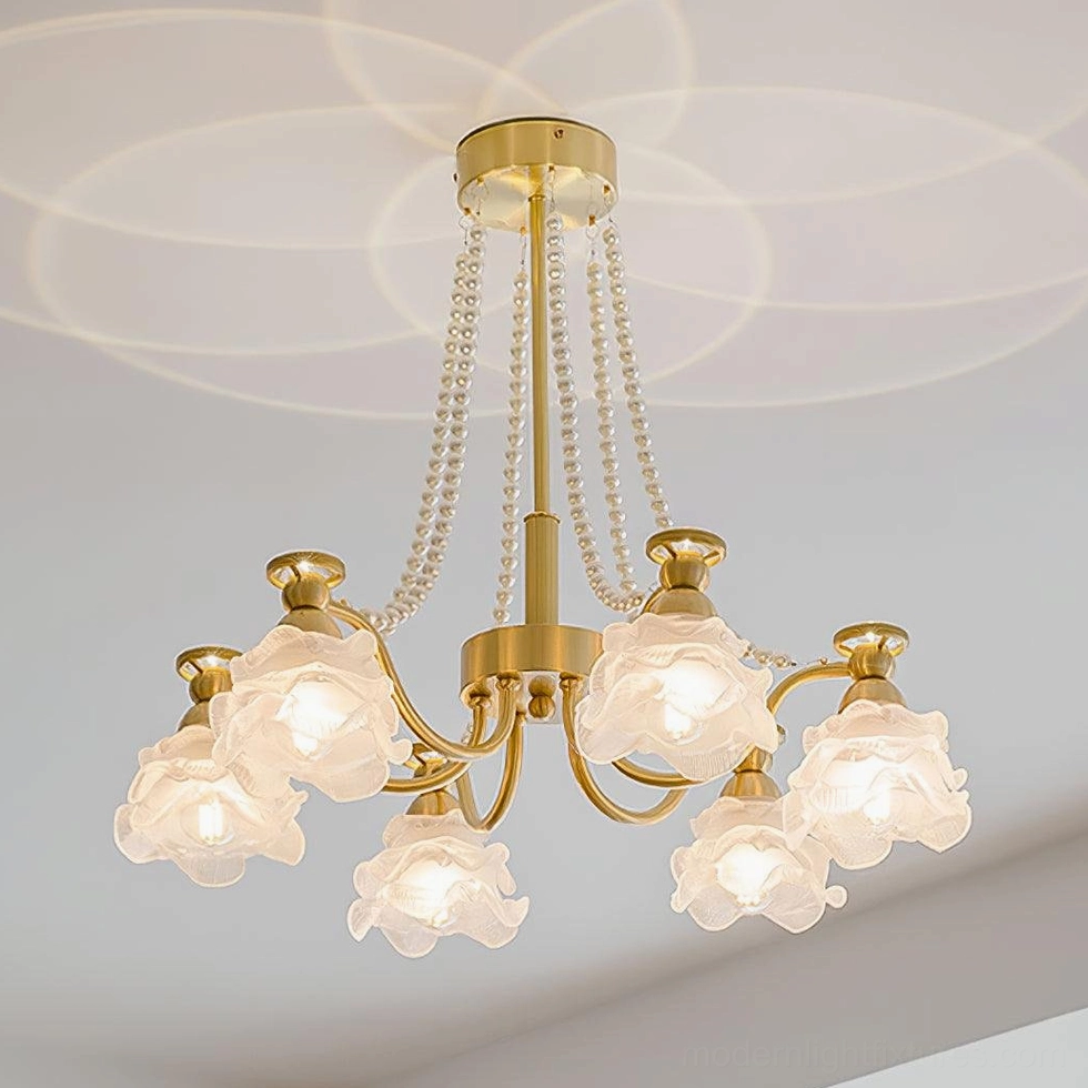 6-head compact rose glass pendant light fixture - studio view with frosted petal shades