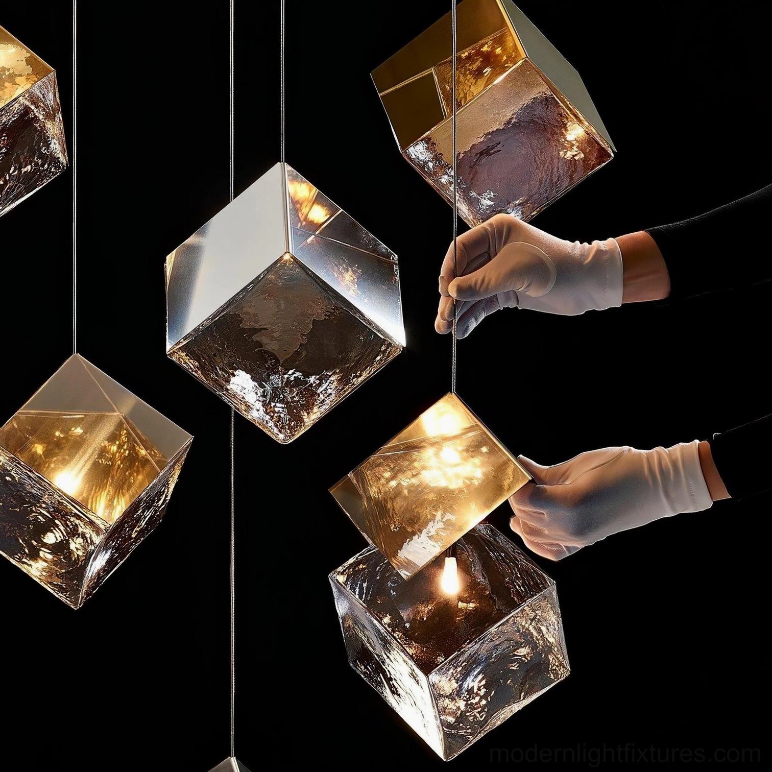 Modern 6-head geometric cube chandelier architectural lighting installation