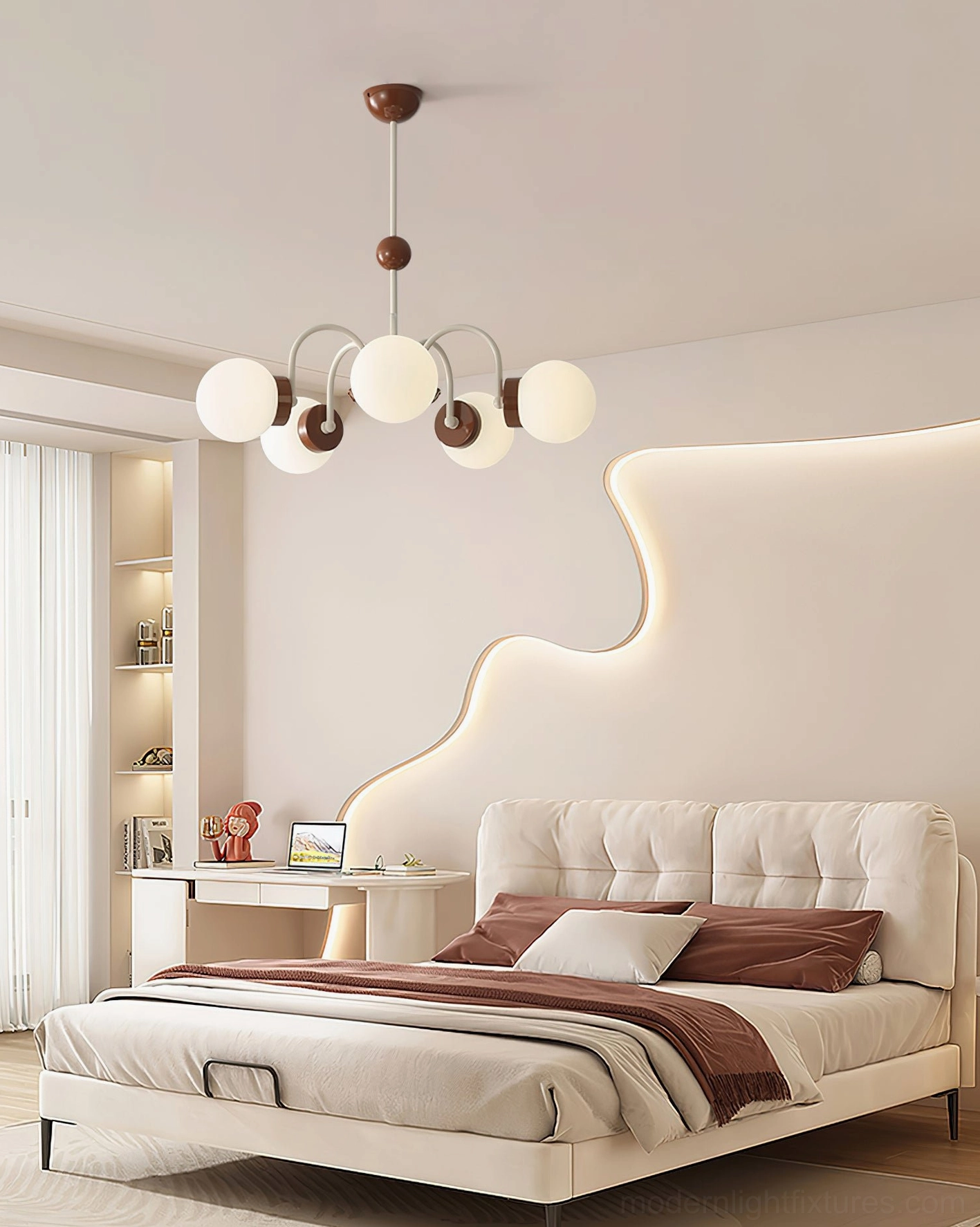 6-head glass globe chandelier in cream bedroom with upholstered bed, warm neutral interior styling