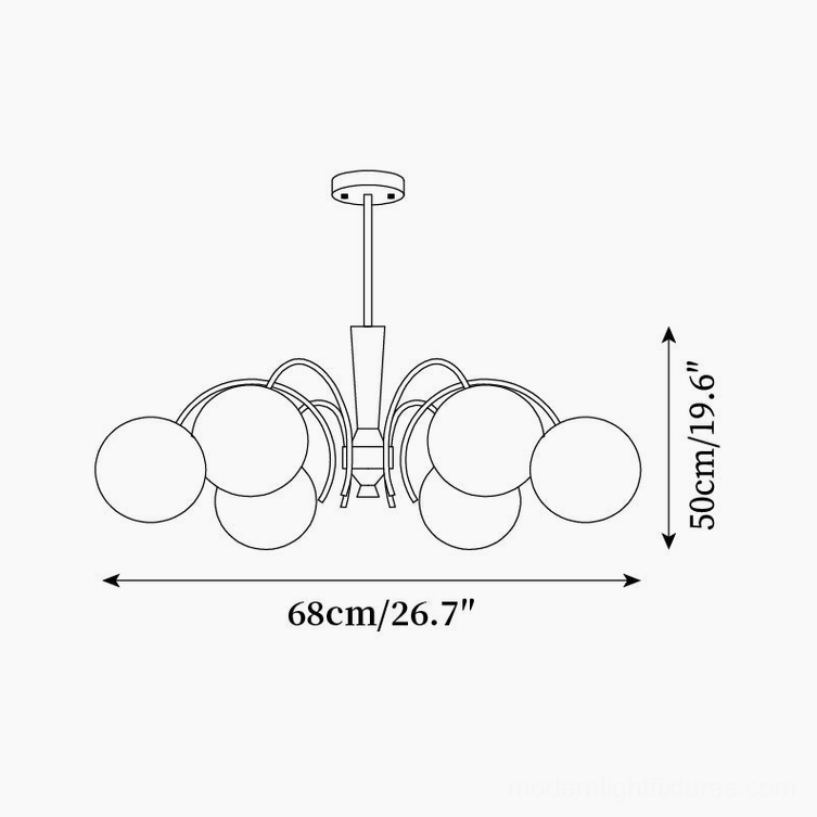 Technical schematic diagram of 6-head globe chandelier showing dimensions 68cm diameter by 50cm height (26.7" x 19.6")
