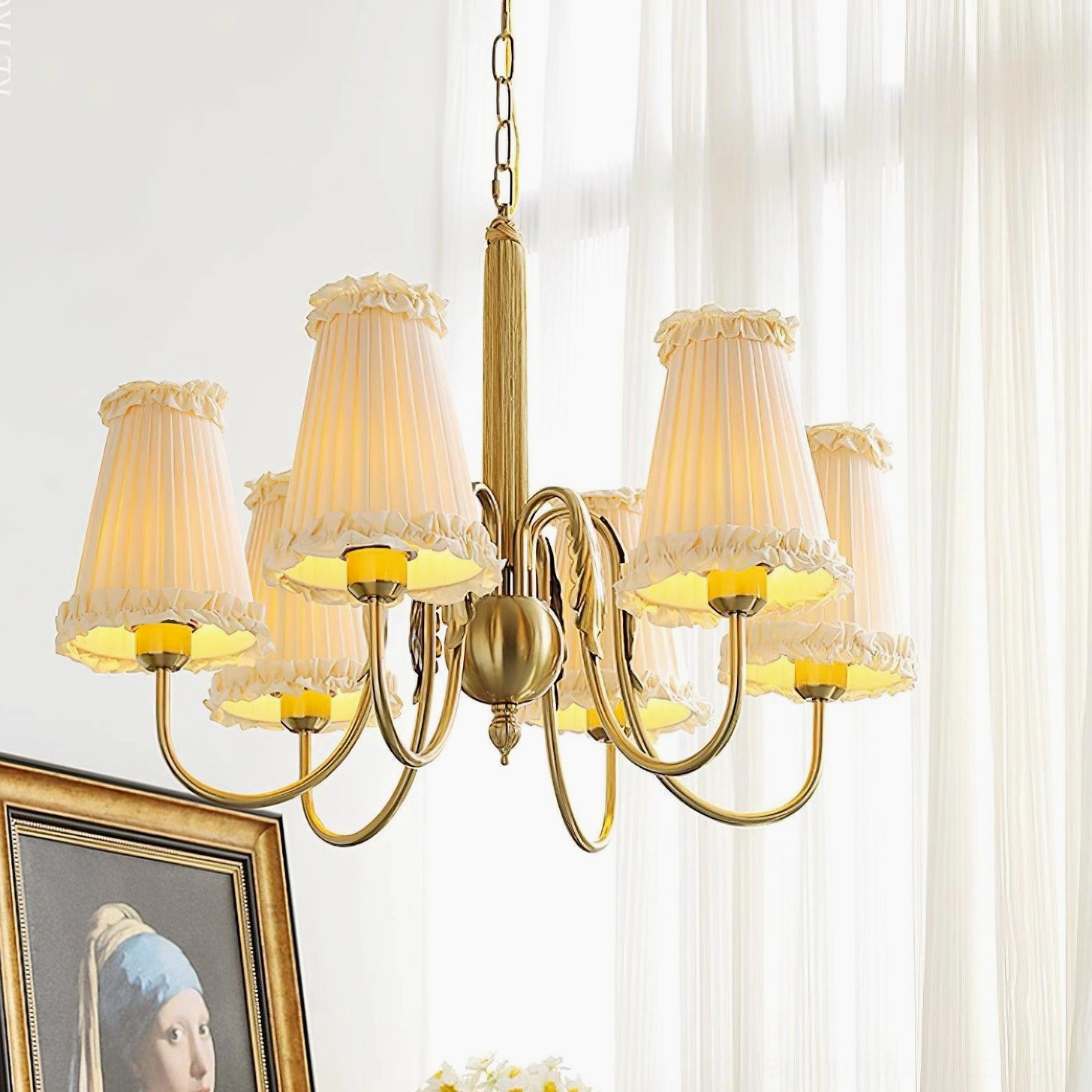 6-head gold vintage chandelier bedroom master suite installation