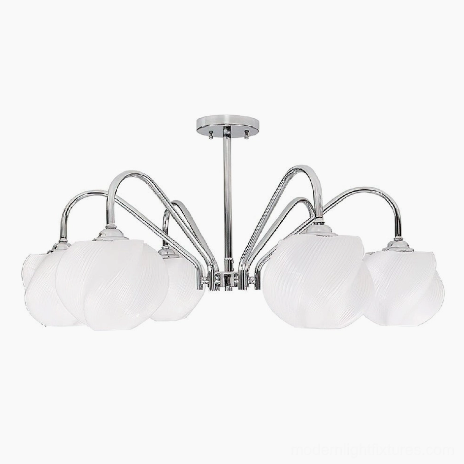 6-head modern petal sputnik chandelier, chrome and white acrylic configuration, full product display