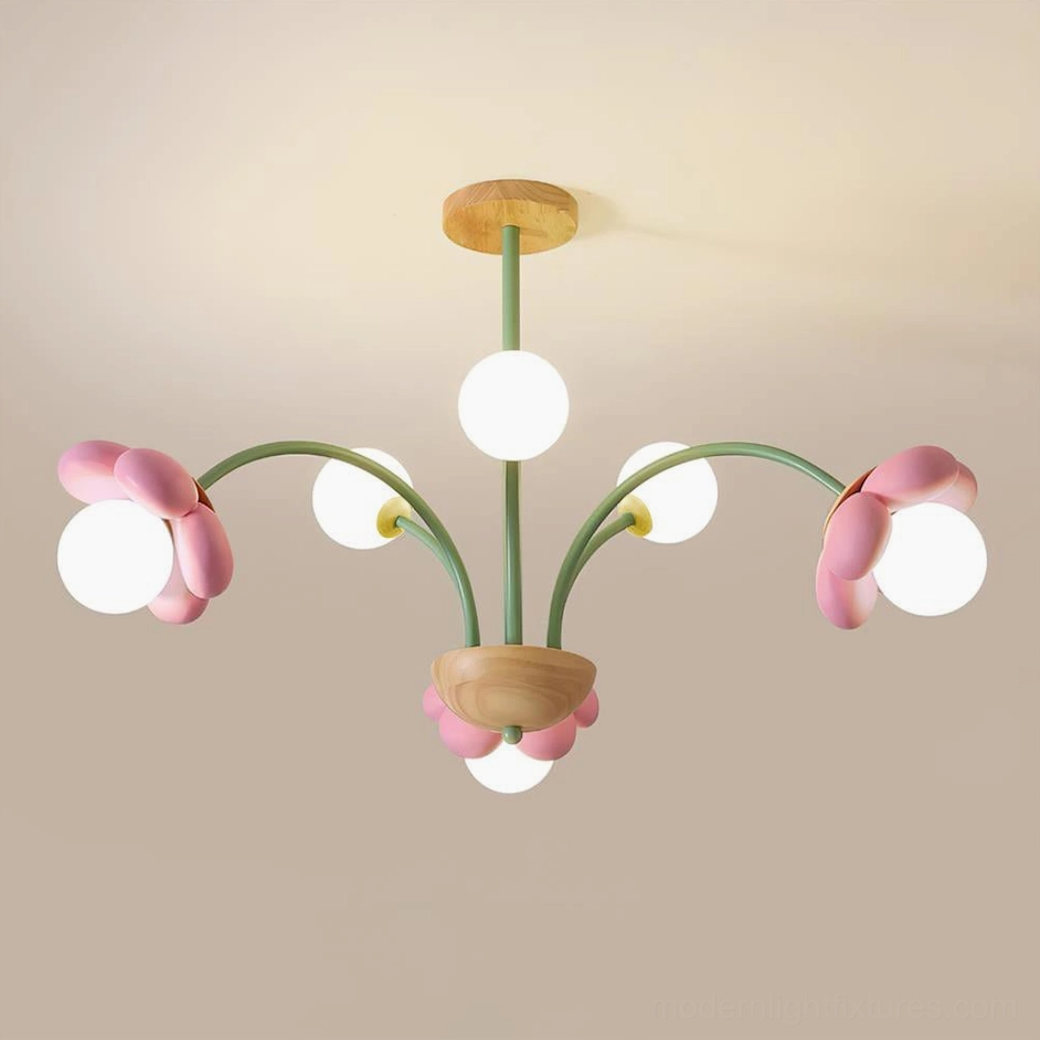 6-head pink floral pendant light with soft pastel blooms and green metal construction elements