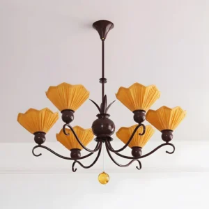 6-head vintage fabric chandelier with dark brown metal frame and amber pleated shades, close-up detail shot