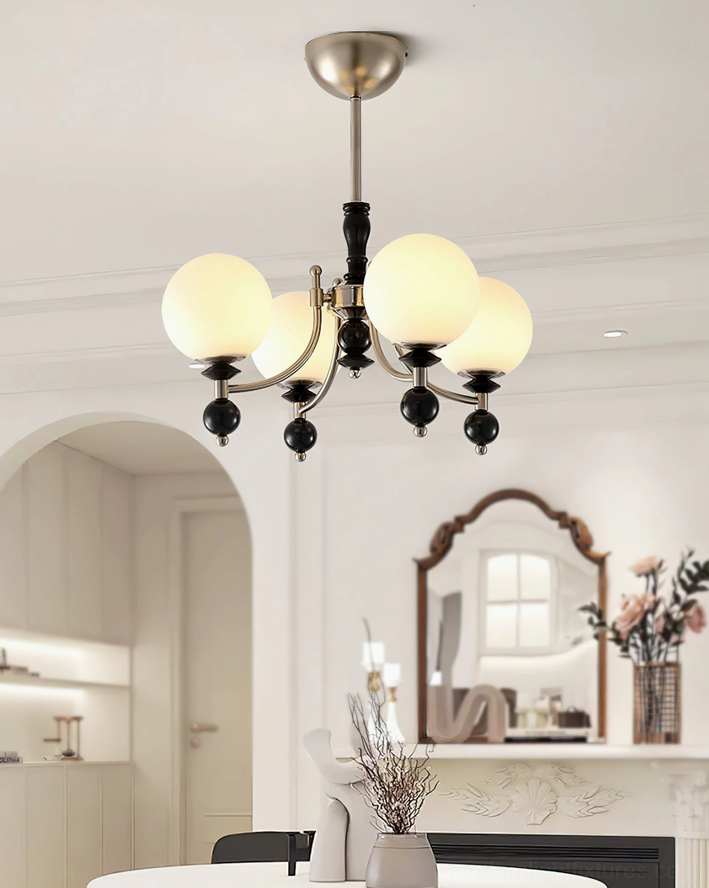 6-head retro globe chandelier with frosted glass shades and black metal decorative pendants in French dining room