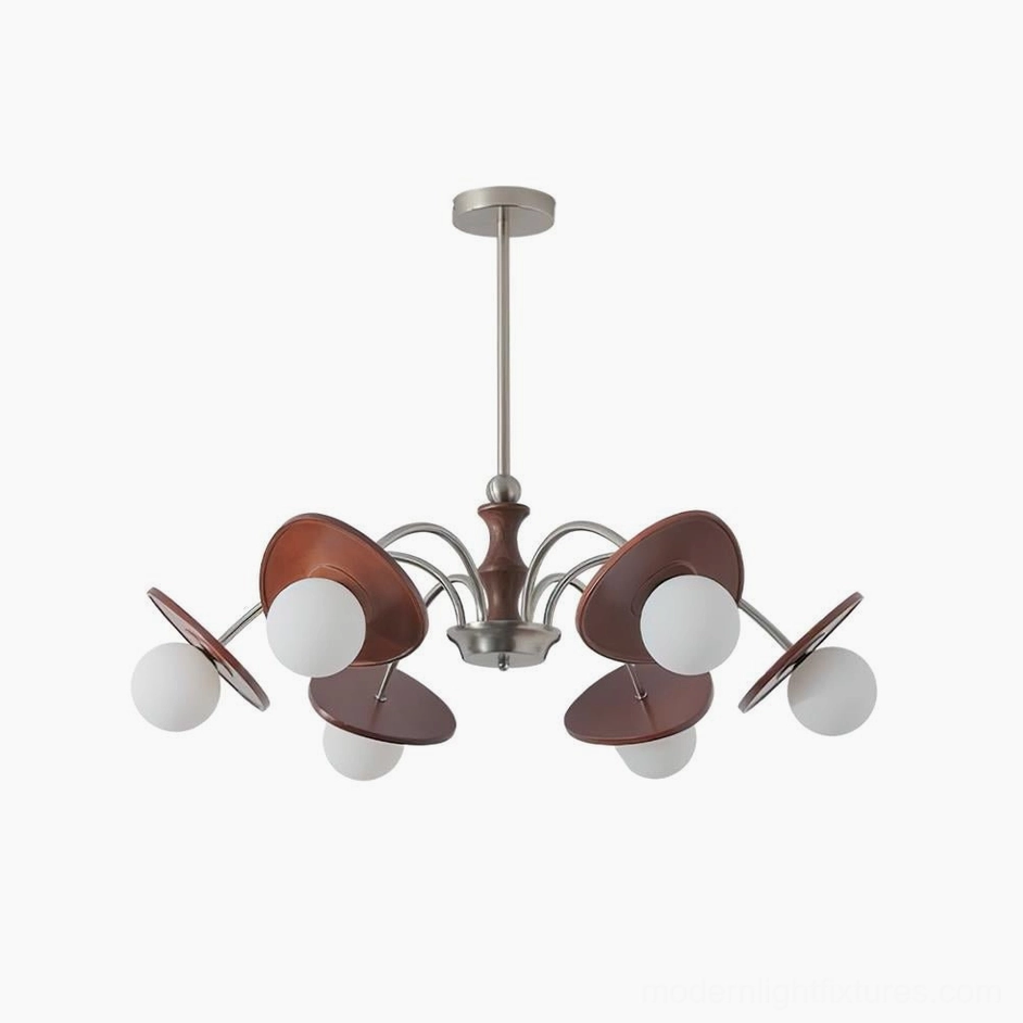 6-head nickel and walnut sputnik chandelier creating ambient lighting in contemporary interior design setting