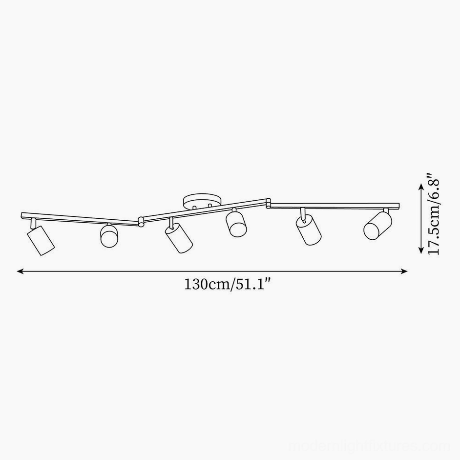 6-head large track lighting schematic, orthographic drawing displaying 130cm or 51.1 inch total length