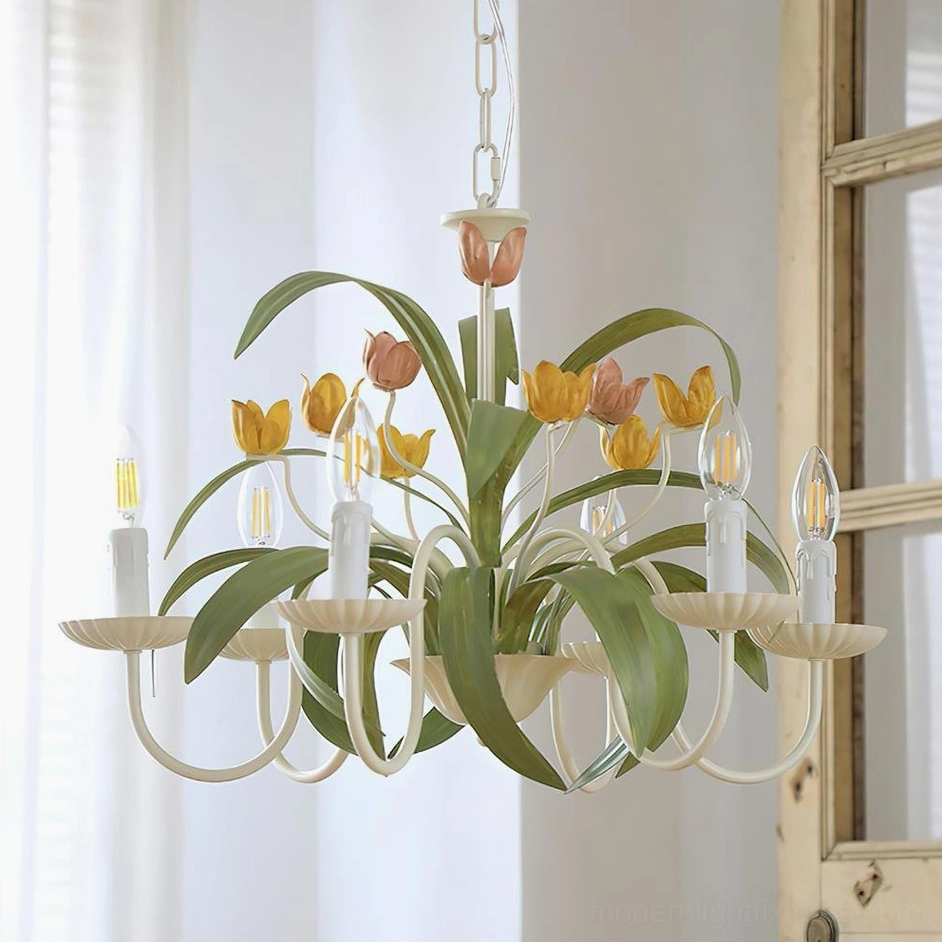 6-head tulip pendant chandelier green color larger statement fixture for dining rooms