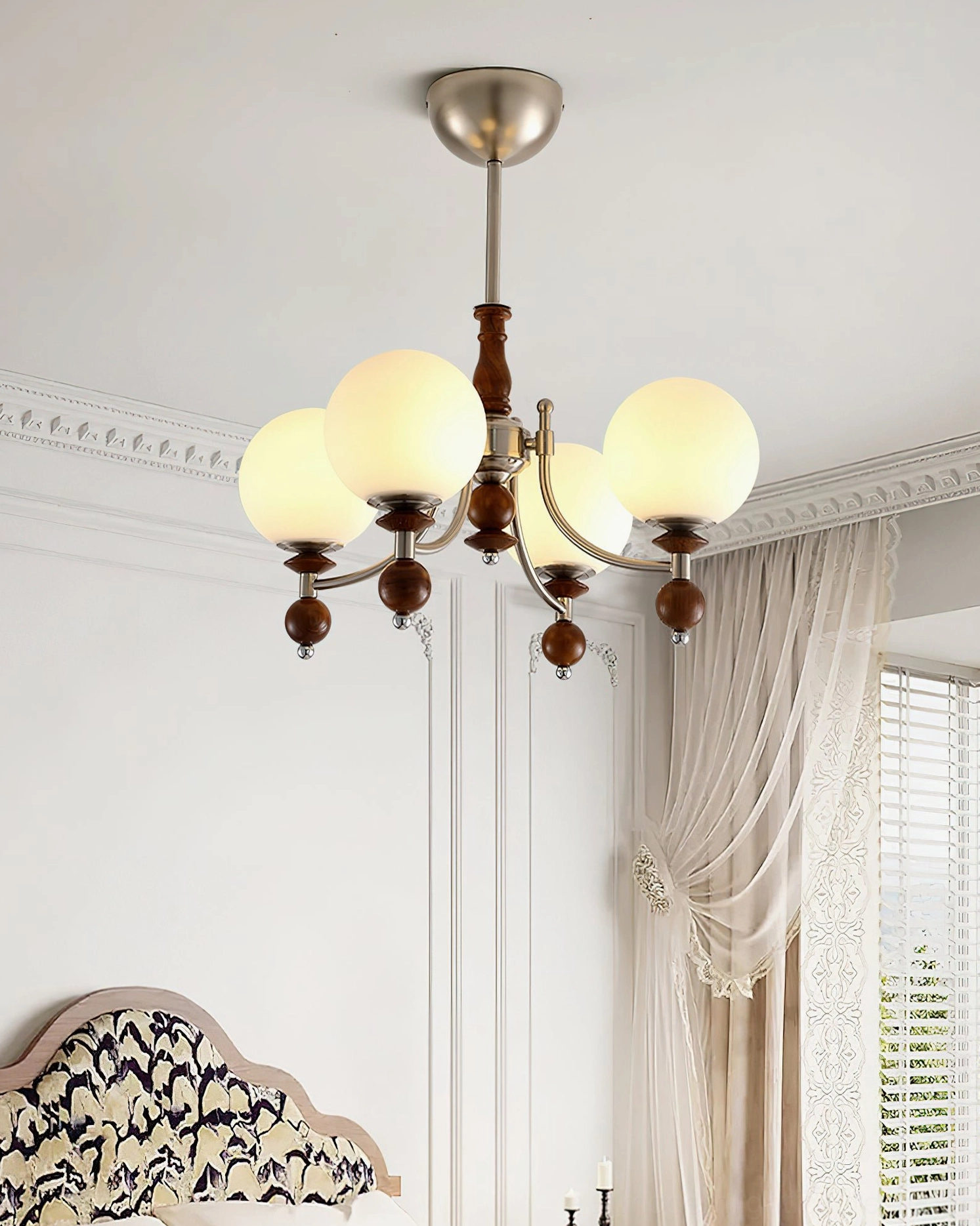6-head vintage globe chandelier with frosted glass shades and walnut wood decorative balls - French bedroom style