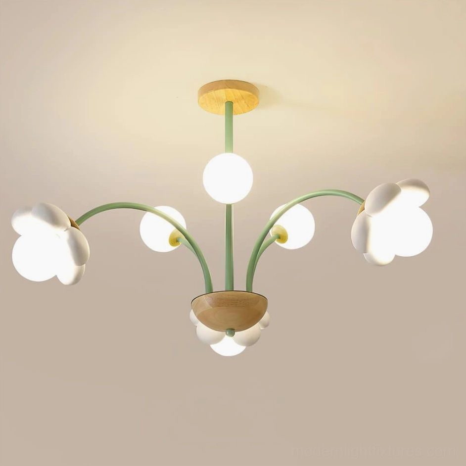 6-head white floral pendant chandelier with clean minimal aesthetic, overhead studio photography
