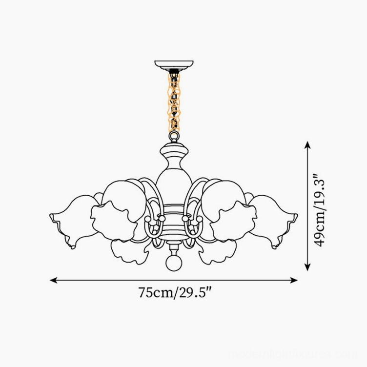 6-head wood chandelier technical specifications diagram 75cm width 49cm height