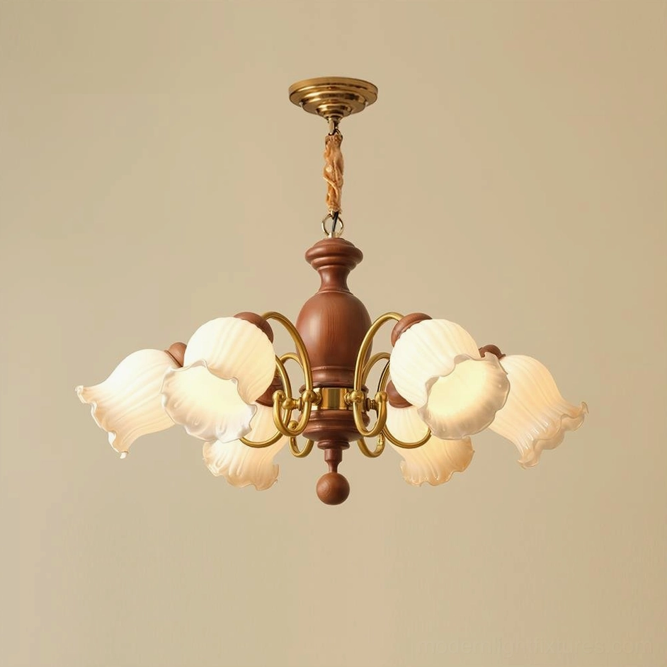 6-head vintage lily of the valley wood chandelier walnut color and white finish medium size