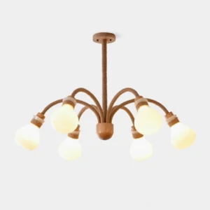 6-head wooden braided rope chandelier with frosted milk glass shades, modern nautical design