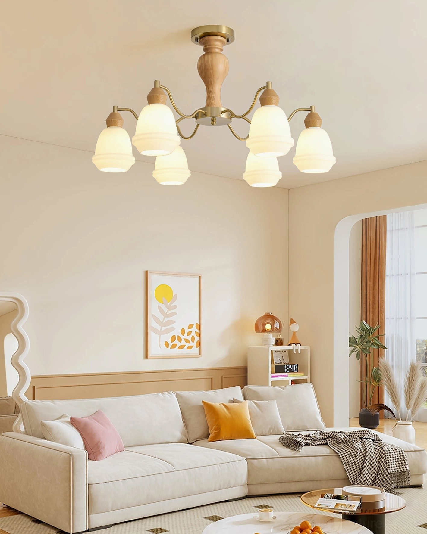 6-light modern wood chandelier dimensions technical drawing - 80cm diameter 46cm height
