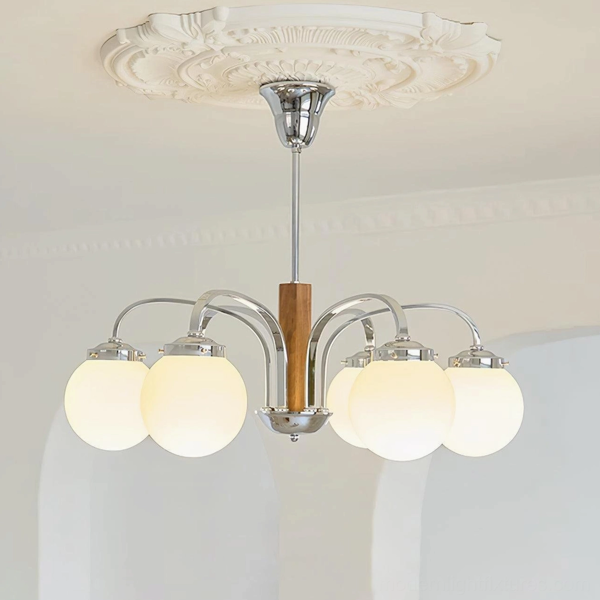 6-light Polaris globe chandelier illuminated overhead residential interior chrome walnut frosted glass