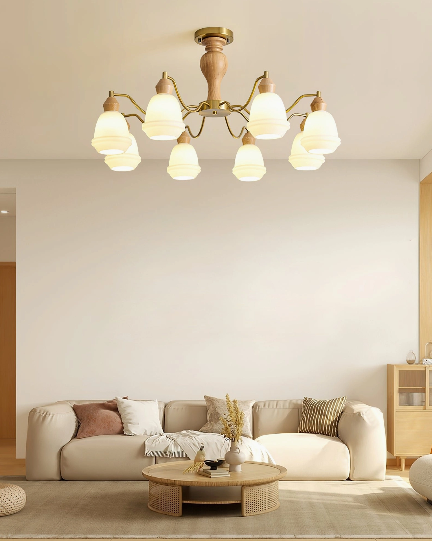 Compact 6-light semi-flush modern wood chandelier with brass hardware