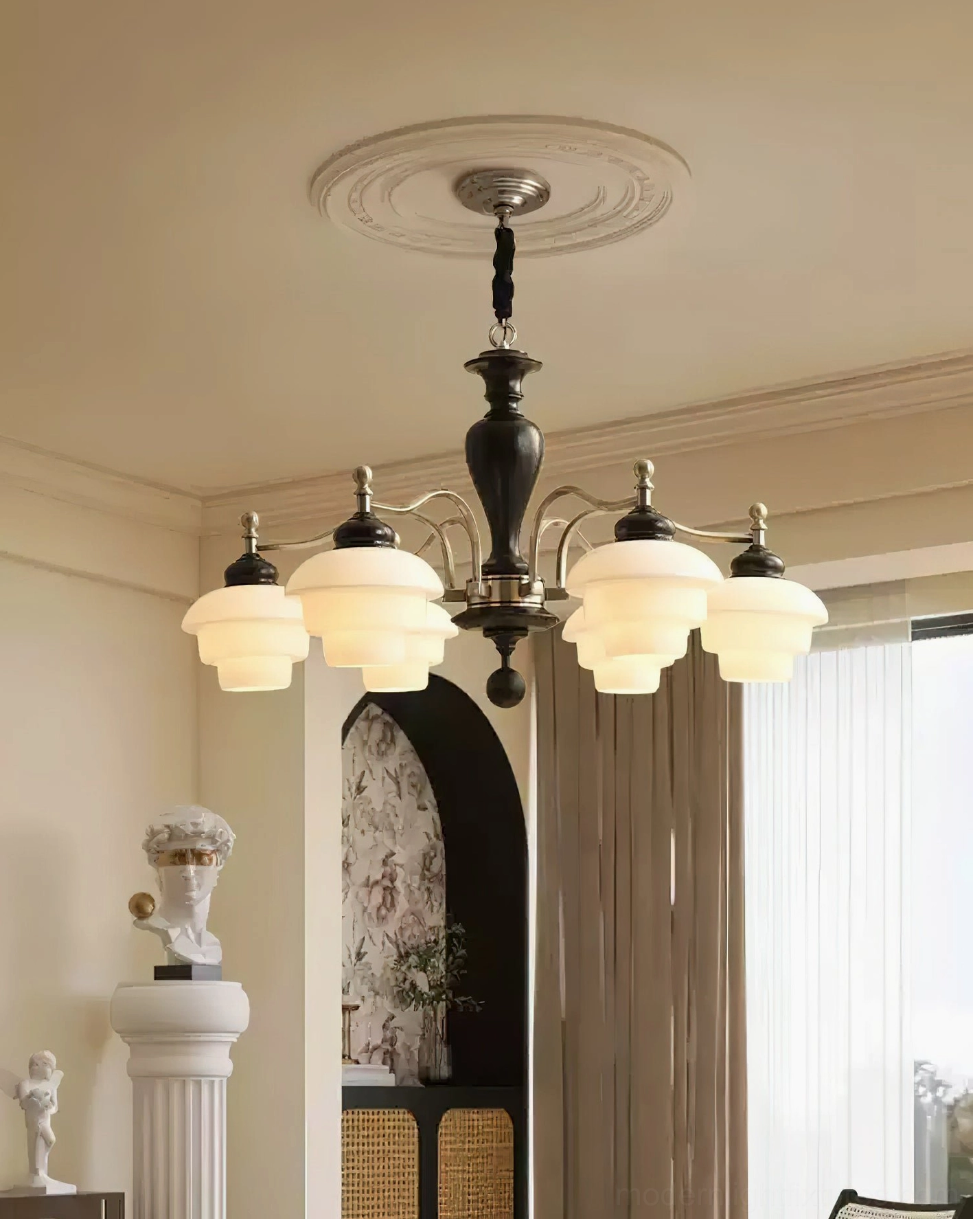 6-light vintage chandelier overhead interior view in vintage living room with arched decor - dark wood and black metal frame with warm white frosted glass shades