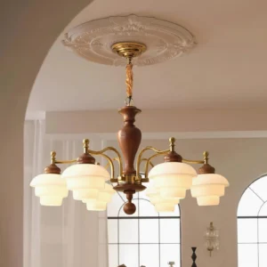 6-light vintage chandelier installed in residential archway with carved ceiling medallion - low-angle upward view showing solid brown wood central pole and metal arms