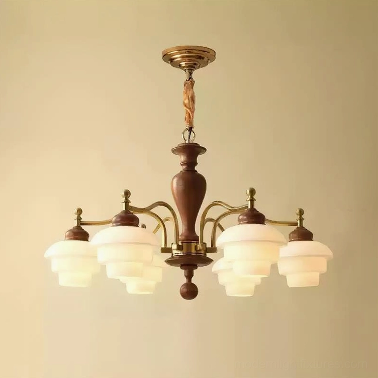 6-light vintage chandelier with gold and walnut wood finish - overhead interior view in residential space