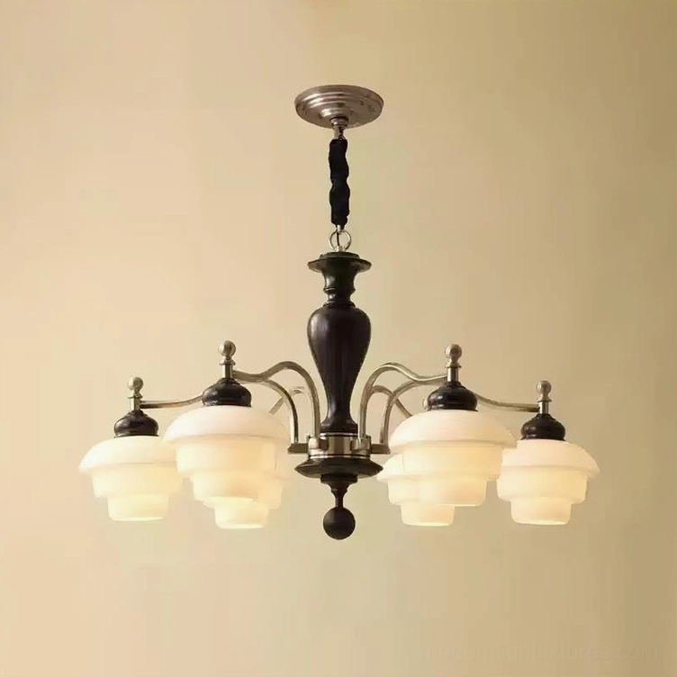 6-light vintage chandelier with nickel and black metal finish - overhead interior installation view