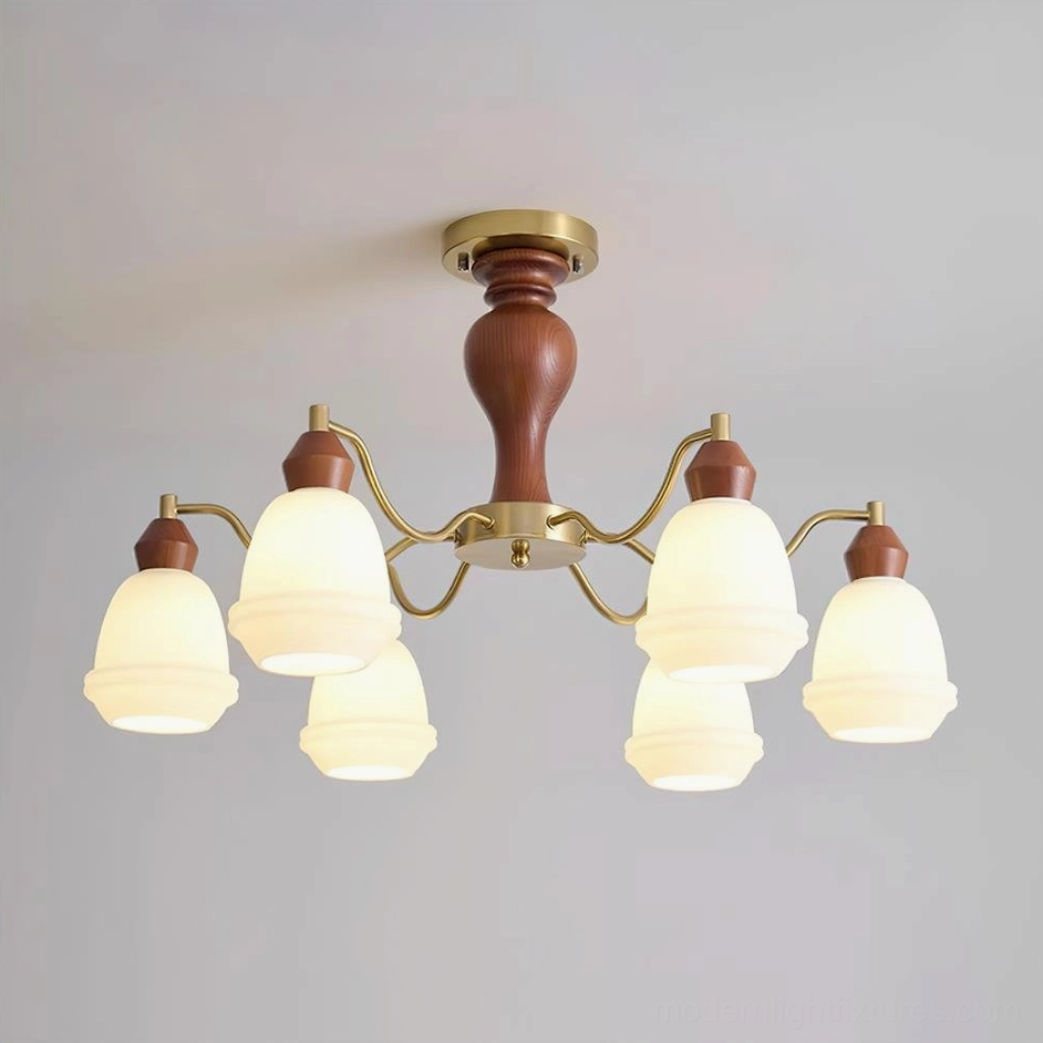 6-light modern wood and brass chandelier Walnut Color and White shade variant