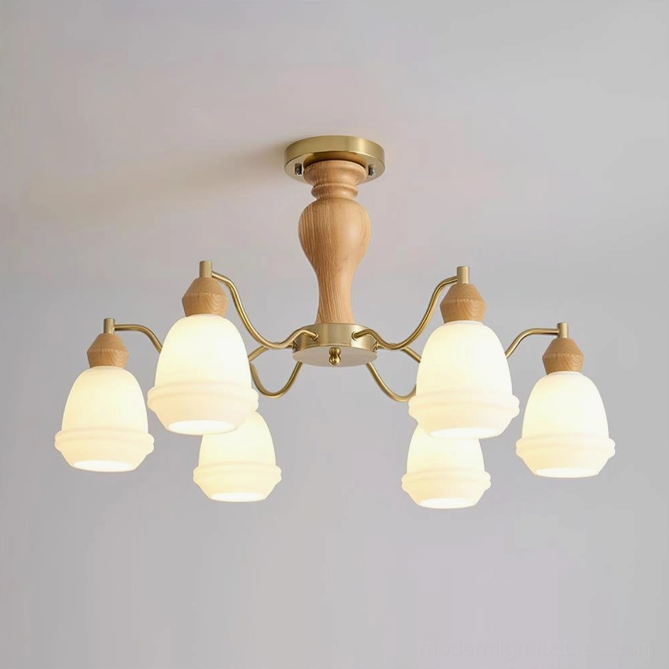 6-light modern wood and brass chandelier Wood Color and White shade variant