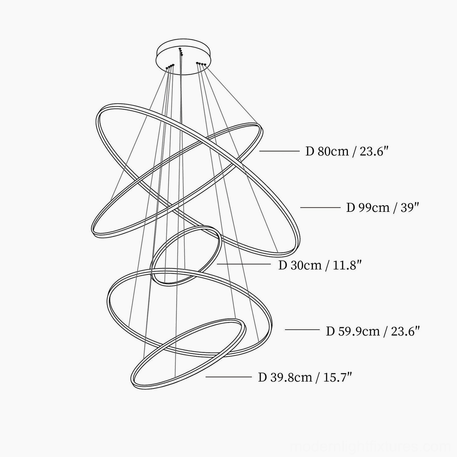 Large-scale gold ring chandelier technical schematic with 6 ring sizes from 30cm to 99cm