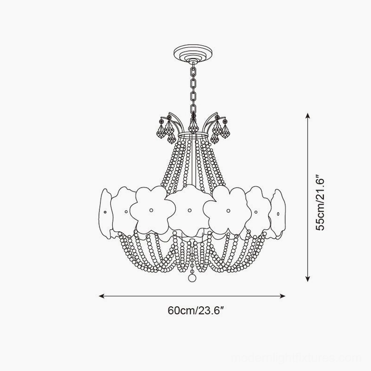 Modern flower glass pendant light 60cm diameter technical schematic and dimension blueprint