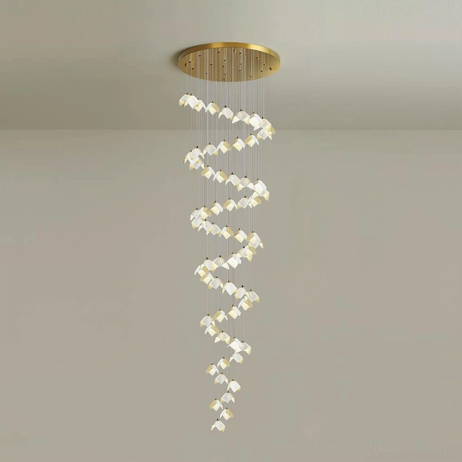 64-head cascading bloom chandelier model B mounted in gallery space with neutral background emphasizing form