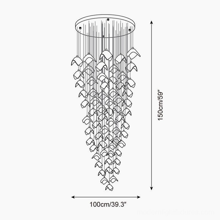 Technical schematic of 64-head cascading bloom chandelier showing 100cm diameter and 150cm height specifications