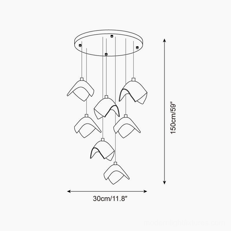Technical schematic of 7-head cascading bloom chandelier showing 30cm diameter and 150cm height specifications