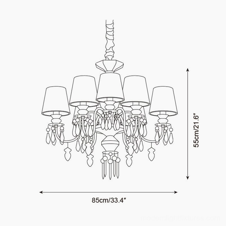 Technical schematic diagram of 8-arm ceramic chandelier with 85cm diameter and 55cm height dimensions