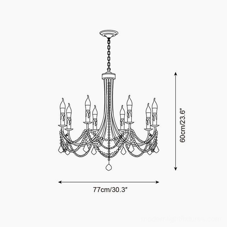 8-head large black pearl crystal chandelier technical schematic showing 77cm diameter and 60cm height dimensions