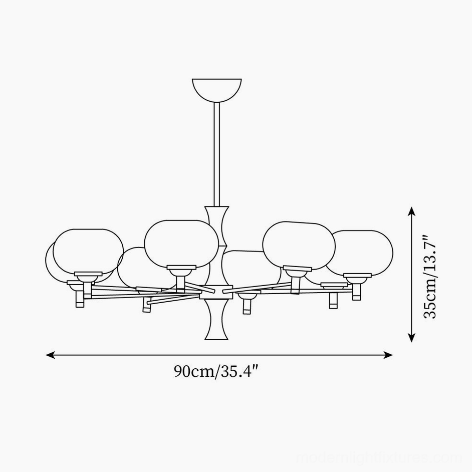 8-head mid-century chandelier technical orthographic drawing showing dimensions 90cm width x 35cm height (35.4 inches x 13.7 inches)